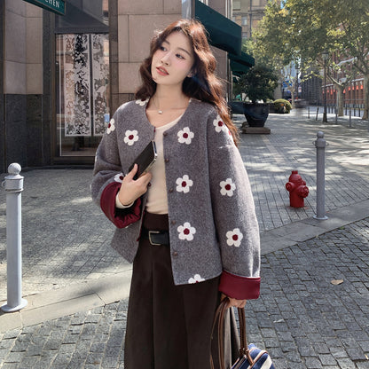 【アウター】小柄向け 若見え フラワー装飾 ウールコート 2025秋冬 シンプル カジュアル ラウンドネック レディース【SHシリーズ】