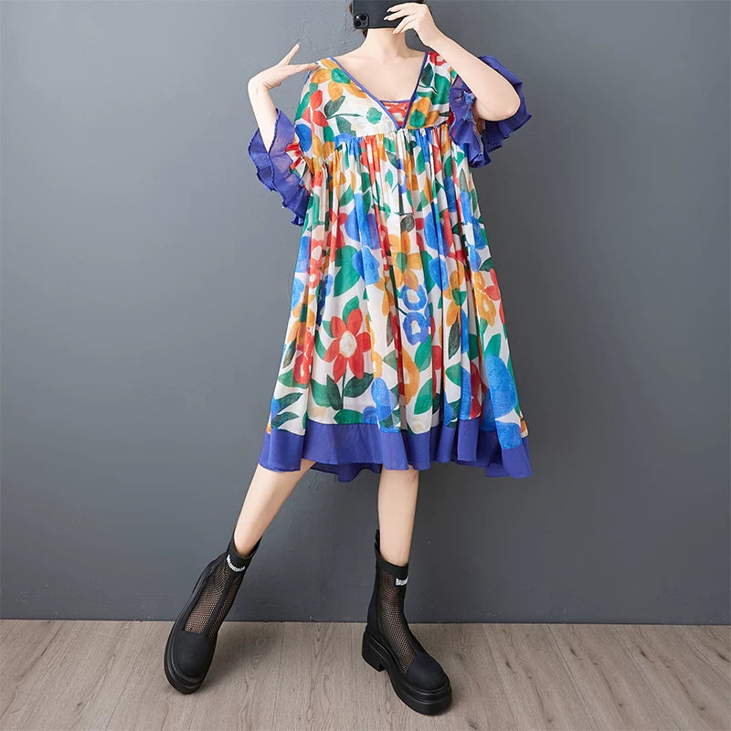 【ワンピース】プリントシフォンワンピース レディース ゆったり 体型カバー 着痩せ ロング丈 夏ワンピース【SHシリーズ】