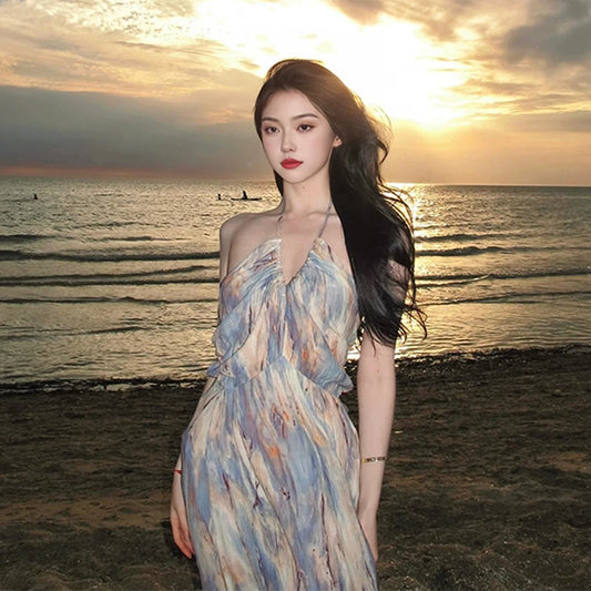 【ワンピース】【海辺の旅行に】フレンチレトロ 油絵風 ニュアンス花柄 ホルターネック ノースリーブワンピース｜バックレス ビーチ リゾート ロングドレス 夏【SHシリーズ】