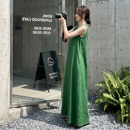 【ワンピース】ノースリーブワンピース レディース 夏新作 体型カバー リラックスシルエット ミモレ丈 ナチュラル【JZシリーズ】