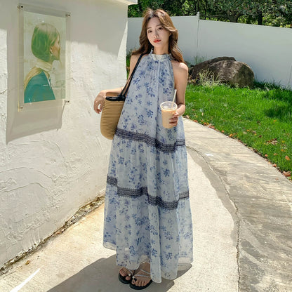 【ワンピース】ボヘミアン風 花柄シフォンワンピース レディース 夏新作 ホルターネック ノースリーブ ロング丈 マキシ丈 体型カバー リゾートワンピ【SHシリーズ】