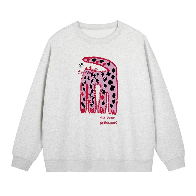 S~2XL【トップス】クルーネック ネコ スウェット レディース 韓国風 ゆったり 学生風 豹柄 猫 秋冬パーカー【FCシリーズ】