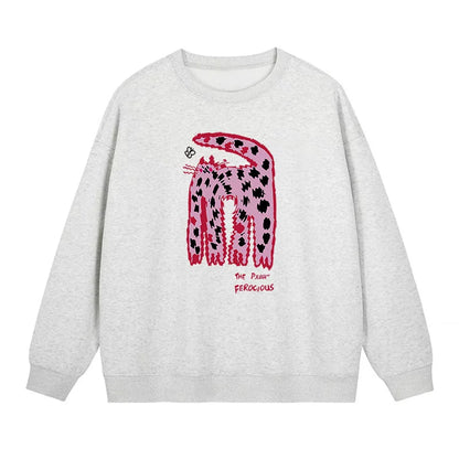 S~2XL【トップス】クルーネック ネコ スウェット レディース 韓国風 ゆったり 学生風 豹柄 猫 秋冬パーカー【FCシリーズ】