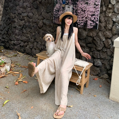 【ボトムス】リネン風 サロペット レディース 夏 オーバーサイズ ワイドパンツ ゆったり 体型カバー オールインワン 人気 ナチュラルコーデ【SHシリーズ】