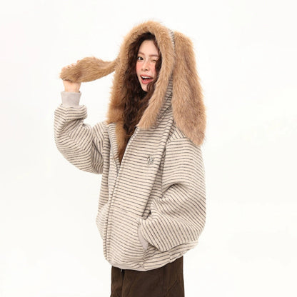 【アウター】秋冬 ヴィンテージボーダーうさ耳フーディ レディース 裏起毛 厚手ファージャケット ユニセックス【FCシリーズ】