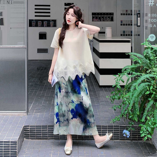 2点セット！【セットアップ】夏 体型カバー ゆったり トップス＋プリーツ スカート 上下セット【SHシリーズ】