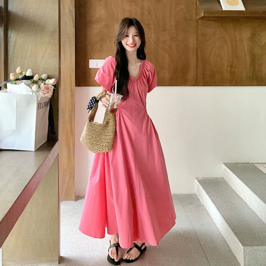 【ワンピース】パフスリーブ ワンピース レディース 夏 Vネック 半袖 ロングワンピース 細見え ウエストマーク 人気 フレンチ風【SHシリーズ】