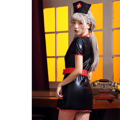 【ハロウィン】PUレザー黒ナースコスプレ・パーティー・ナイトクラブ・制服ワンピース