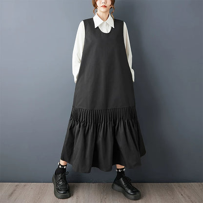 【60%OFF⭐️早い者勝ち】【ワンピース】ヴィンテージ  ロング ノースリーブ ワンピース プリーツデザイン パッチワーク ゆったり レイヤード スタイル【AHシリーズ】