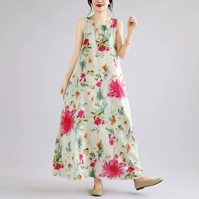 【ワンピース】ボヘミアン ロングワンピース レディース 大きいサイズ ノースリーブ 花柄 ゆったり リゾート風 夏ワンピース【SHシリーズ】