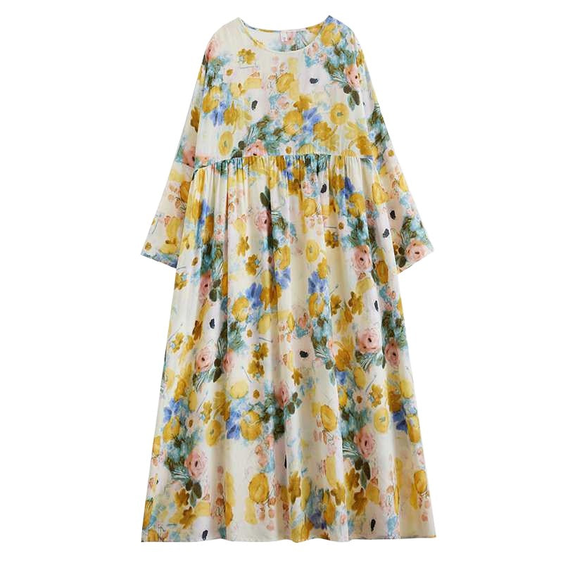 【ワンピース】ラウンドネック ナチュラル ナチュラル プリント 長袖 ワンピース 【SHシリーズ】