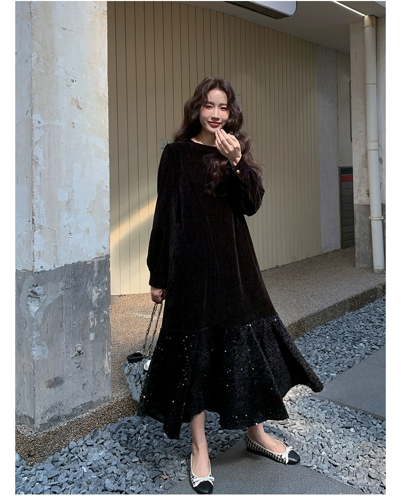 【ワンピース】オードリー風 ベロア 春 秋 冬 スパンコール 長袖 ワンピース【JZシリーズ】