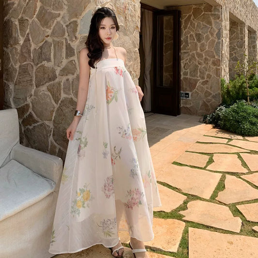 【ワンピース】プリント柄 ベアトップワンピース レディース 夏 リゾート風 ノースリーブ ロングワンピース ゆったり フェミニン【SHシリーズ】