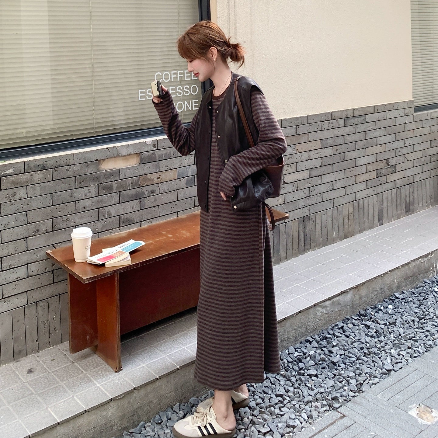 2点セット！【セットアップ】マラード風 おしゃれ レザーベスト＋ストライプワンピース セットアップ  春秋 韓国風 学院風【JZシリーズ】