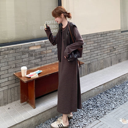 2点セット！【セットアップ】マラード風 おしゃれ レザーベスト＋ストライプワンピース セットアップ  春秋 韓国風 学院風【JZシリーズ】