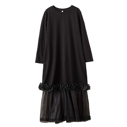 【ワンピース】ダークモード系 レディース チュール切替ワンピース レイヤード風 ゆったりシルエット【JZシリーズ】
