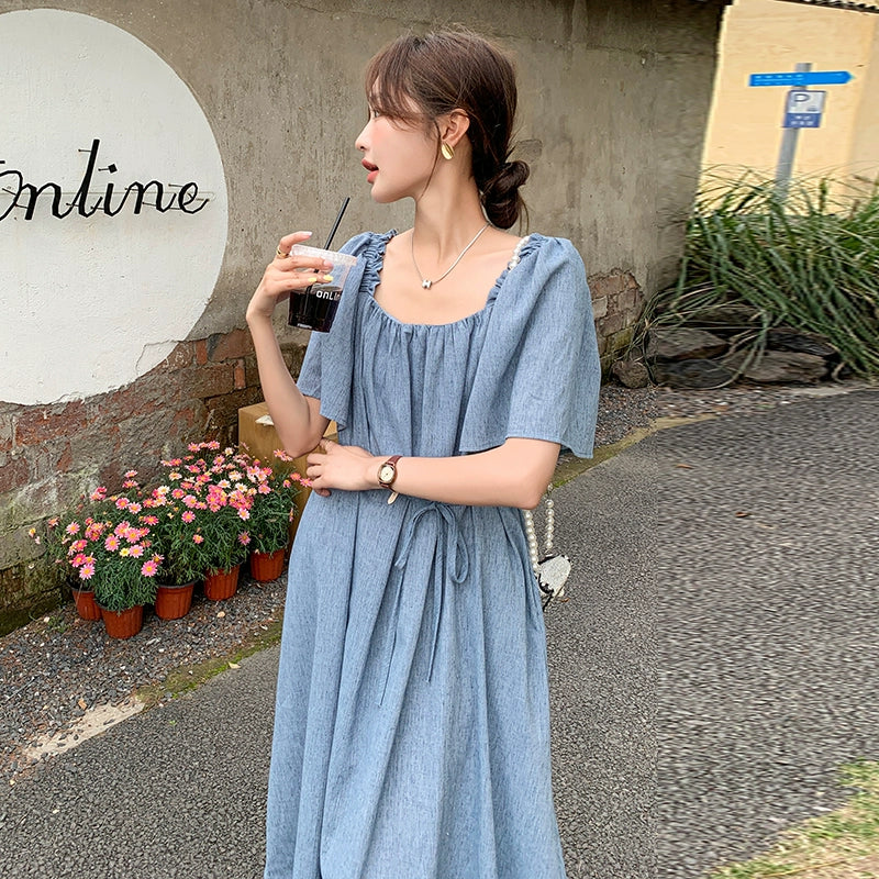 【ワンピース】夏 個性的で美しい スクエアネック 半袖ワンピース レディース 若見え リラックス感 ゆったりロングワンピース【SHシリーズ】