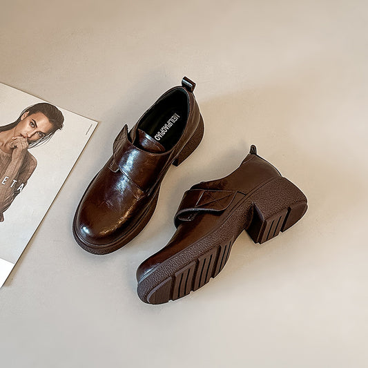 【シューズ】厚底 ラウンドトゥ ヴィンテージ ローファー シューズ レディース 新作 マジックテープ 通勤用 太ヒール お靴  パンプス