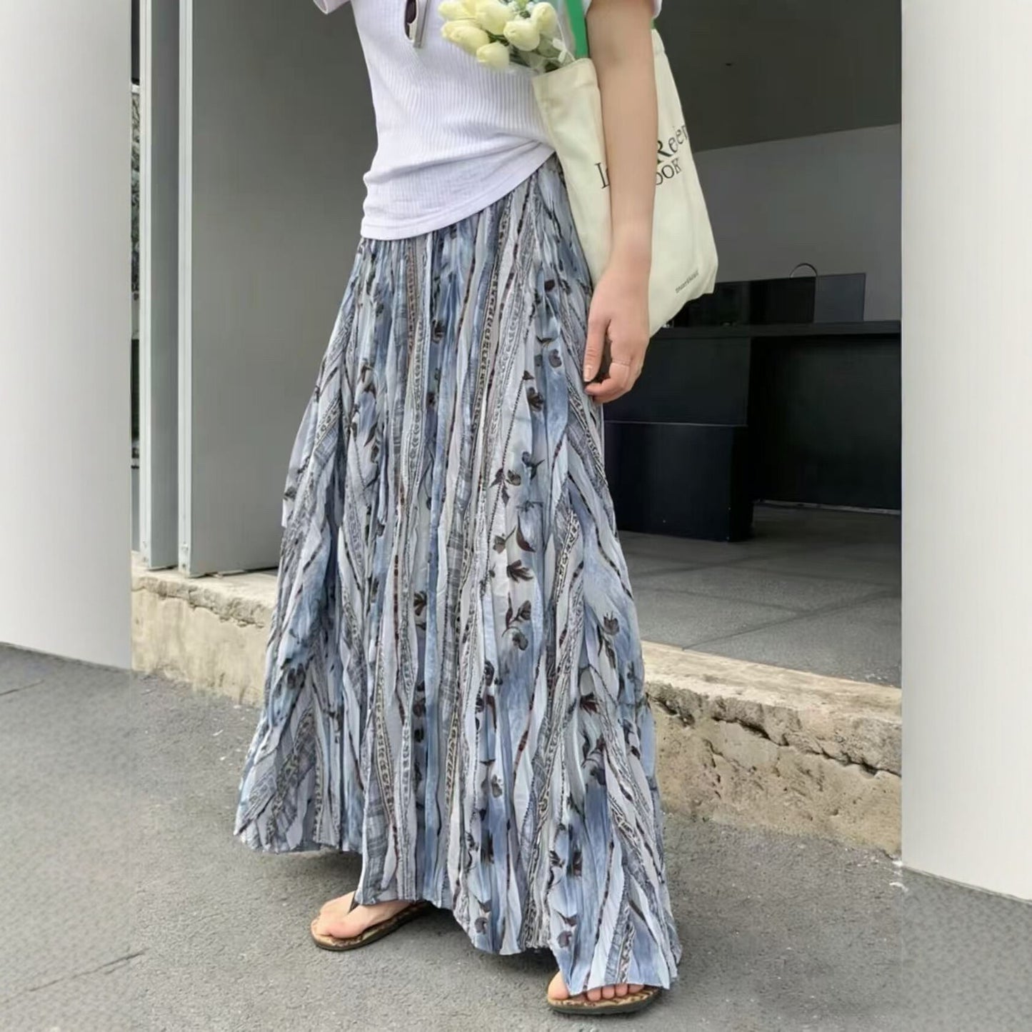 【ボトムス】レトロ風 花柄 プリーツスカート レディース 春夏 ハイウエスト ロング丈 フェミニン フレア【SHシリーズ】