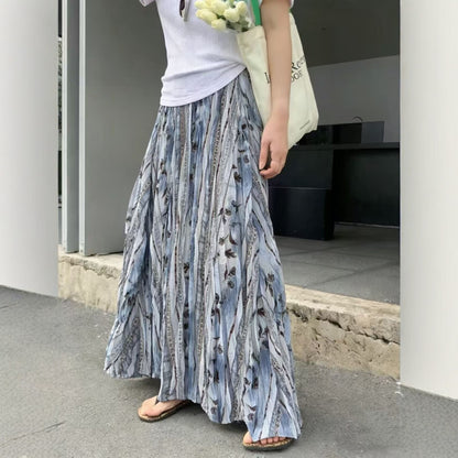 【ボトムス】レトロ風 花柄 プリーツスカート レディース 春夏 ハイウエスト ロング丈 フェミニン フレア【SHシリーズ】