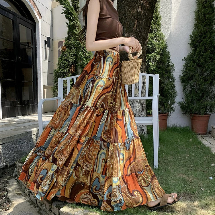 【ボトムス】リゾート花柄シフォンスカート レディース 夏 ティアードロングスカート ハイウエスト ふんわり揺れる フェミニン【SHシリーズ】