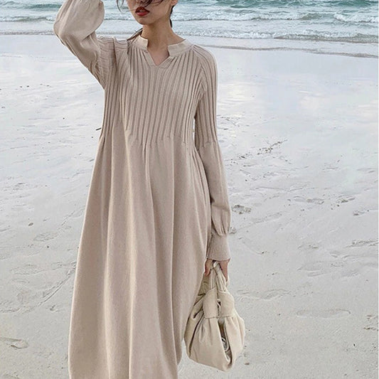 【ワンピース】春 秋 冬 Vネック プリーツニット 長袖 ワンピース  【JZシリーズ】