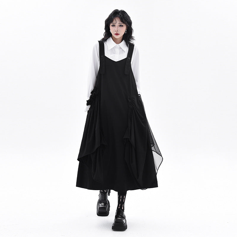 【ワンピース】メッシュ切り替え キャミワンピース レディース  秋新作 ゆったり体型カバー ロング丈 ノースリーブ【AHシリーズ】