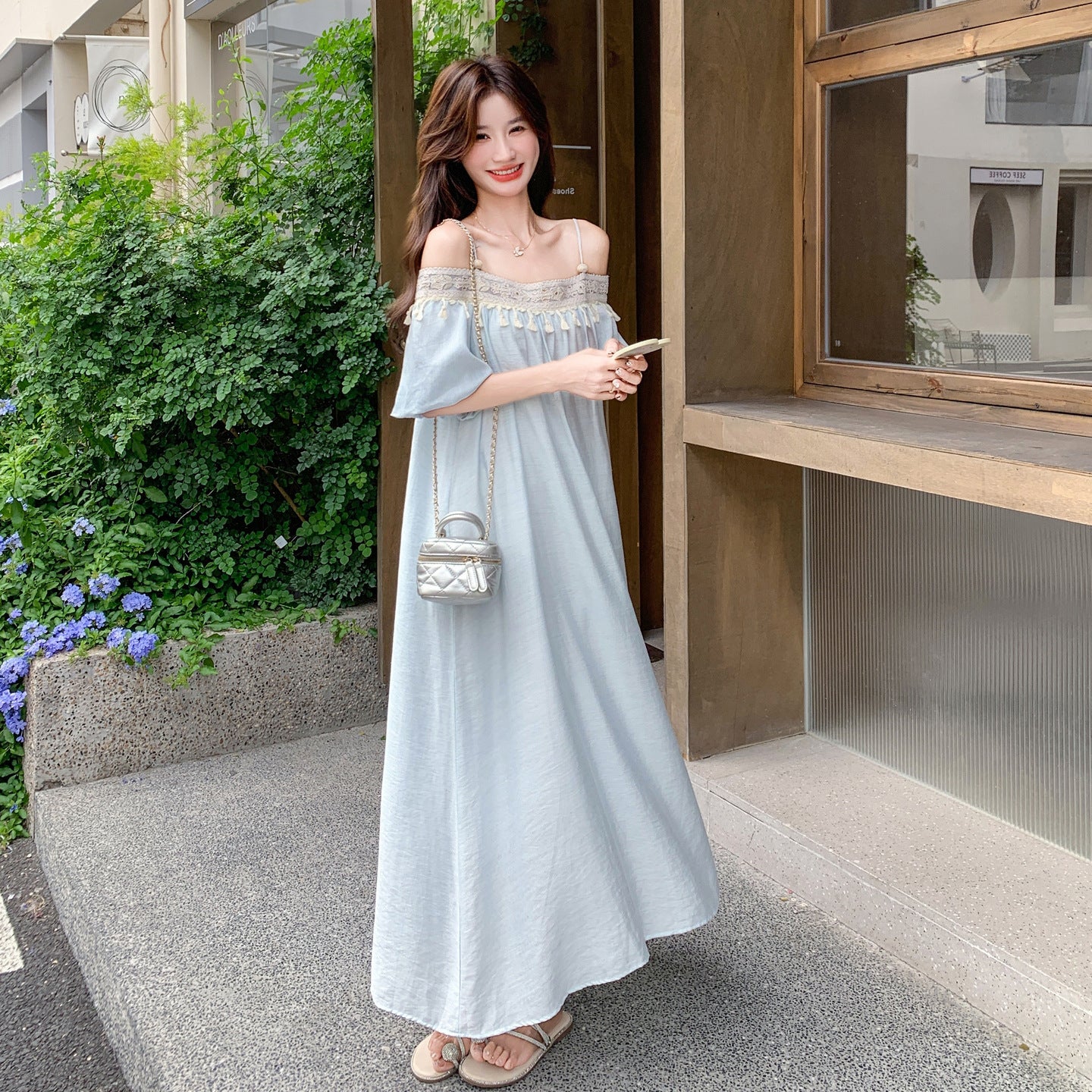 【ワンピース】ロマンチックバカンス風 ゆったりオフショルダー フリンジ ノースリーブワンピース