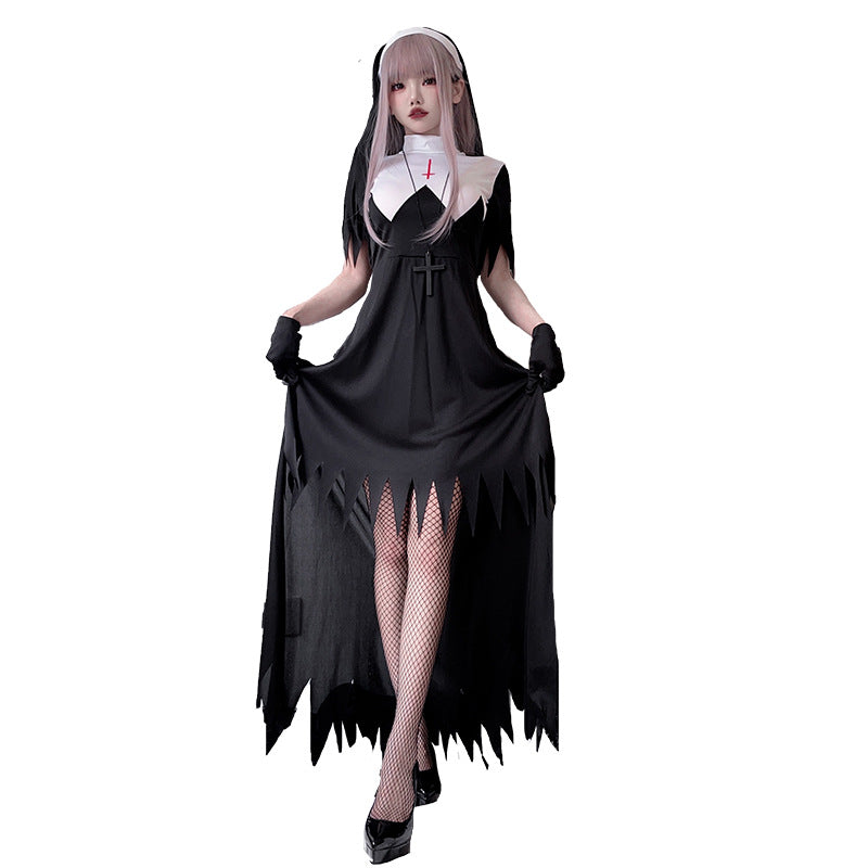 【ハロウィン】レディース コスプレ 修道女 十字架 聖母風 ダーク ロングドレス ステージ衣装