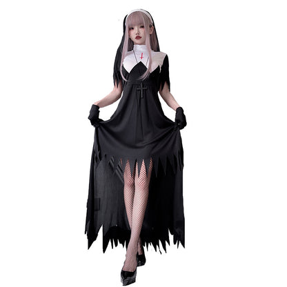 【ハロウィン】レディース コスプレ 修道女 十字架 聖母風 ダーク ロングドレス ステージ衣装
