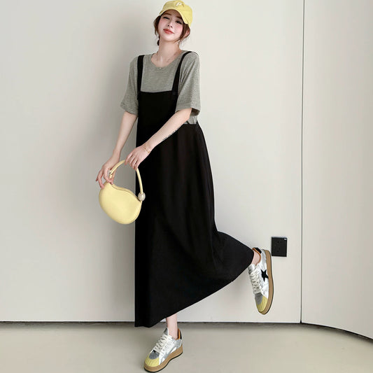 【ワンピース】これ1枚でコーデ完成✨フェイクレイヤード ワンピース 半袖 ロング丈 ゆったり 体型カバー 夏ワンピ【JZシリーズ】