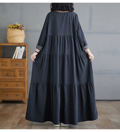 [洋裝] 春秋冬復古寬鬆大尺碼長袖牛仔連身裙