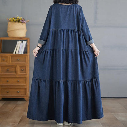 【24AW】【ワンピース】レトロ ゆったり プラスサイズ 長袖デニムワンピース