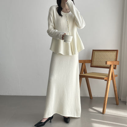 【セットアップ】春 秋 冬 ニットカーディガン + フロア丈 ロングスカート 2点上下セット 【SNシリーズ】