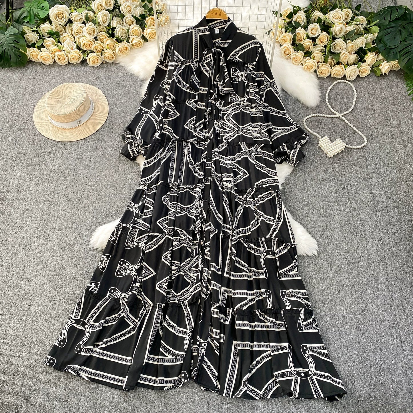 【ワンピース】プリントVネック お腹周りカバー フリル 長袖 ワンピース 【SHシリーズ】