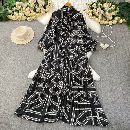 【ワンピース】プリントVネック お腹周りカバー フリル 長袖 ワンピース 【SHシリーズ】