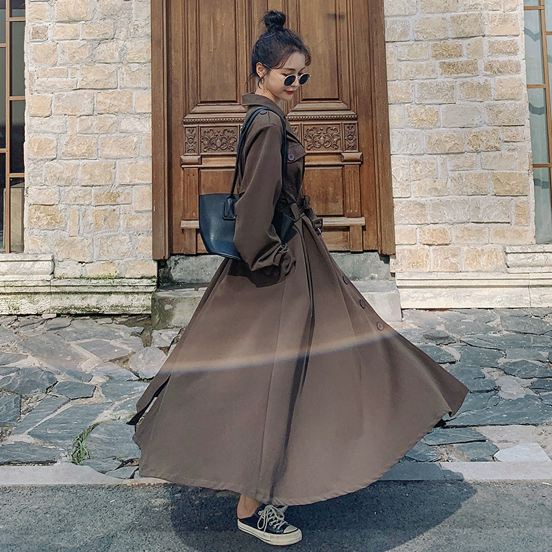 全4色【ワンピース】フレンチ 春秋  気質エレガント トレンチ風 大フレアロング 長袖ワンピース【JZシリーズ】