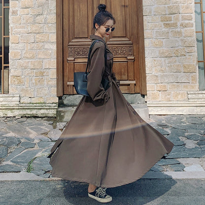 全4色【ワンピース】フレンチ 春秋  気質エレガント トレンチ風 大フレアロング 長袖ワンピース【JZシリーズ】