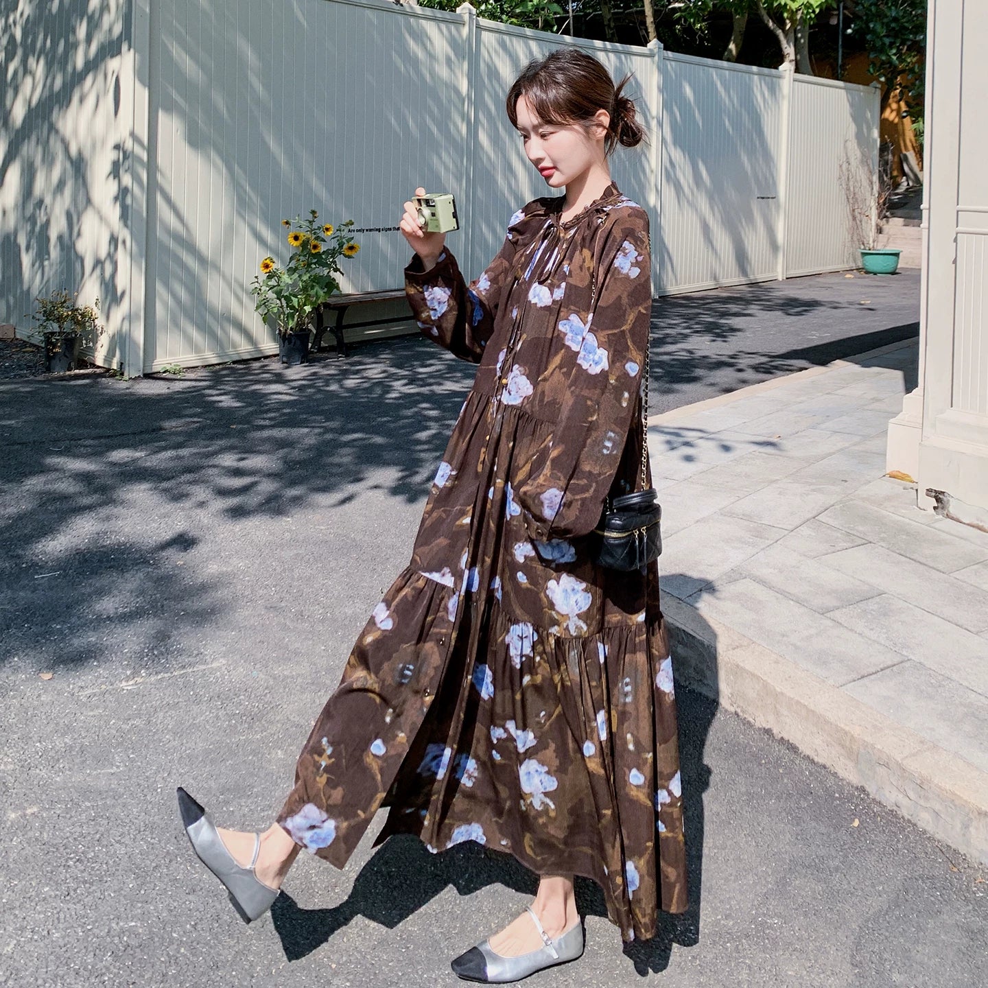 【ワンピース】ヴィンテージ風 フリルカラー 花柄 長袖ワンピース 2026春新作 小柄向け ロング丈【SHシリーズ】