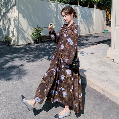 【ワンピース】ヴィンテージ風 フリルカラー 花柄 長袖ワンピース 2026春新作 小柄向け ロング丈【SHシリーズ】