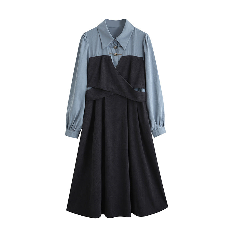 【ワンピース】秋新作 文芸風 フェミニン 個性派 ドッキング風 ウエストマーク 長袖ワンピース【JZシリーズ】