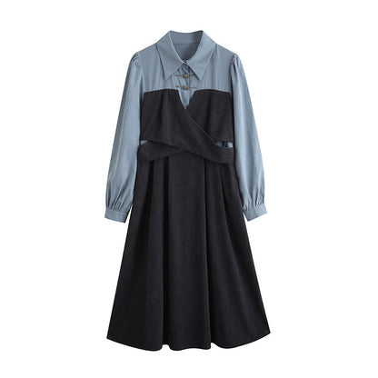 【ワンピース】秋新作 文芸風 フェミニン 個性派 ドッキング風 ウエストマーク 長袖ワンピース【JZシリーズ】