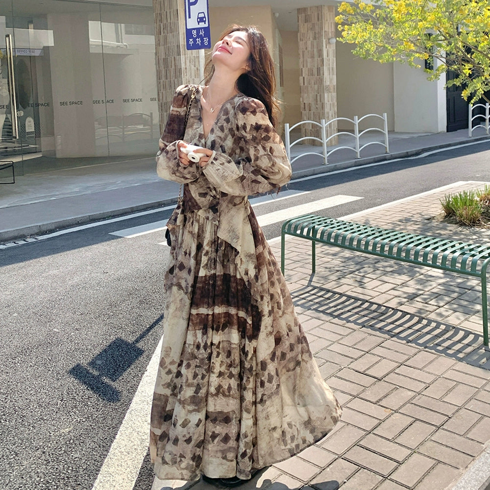 【ワンピース】メラード調 ハイセンス 花柄 長袖ワンピース レディース 春秋 フレンチエレガント 民族調プリント マキシ丈【SHシリーズ】