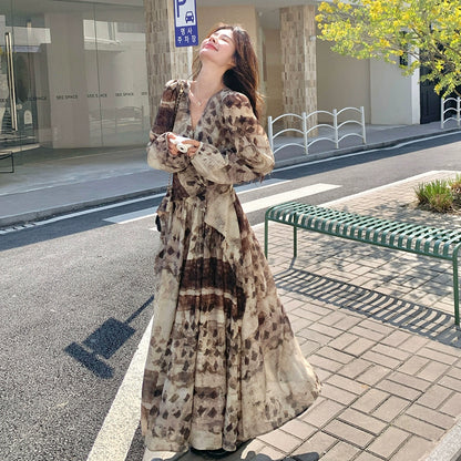 【ワンピース】メラード調 ハイセンス 花柄 長袖ワンピース レディース 春秋 フレンチエレガント 民族調プリント マキシ丈【SHシリーズ】