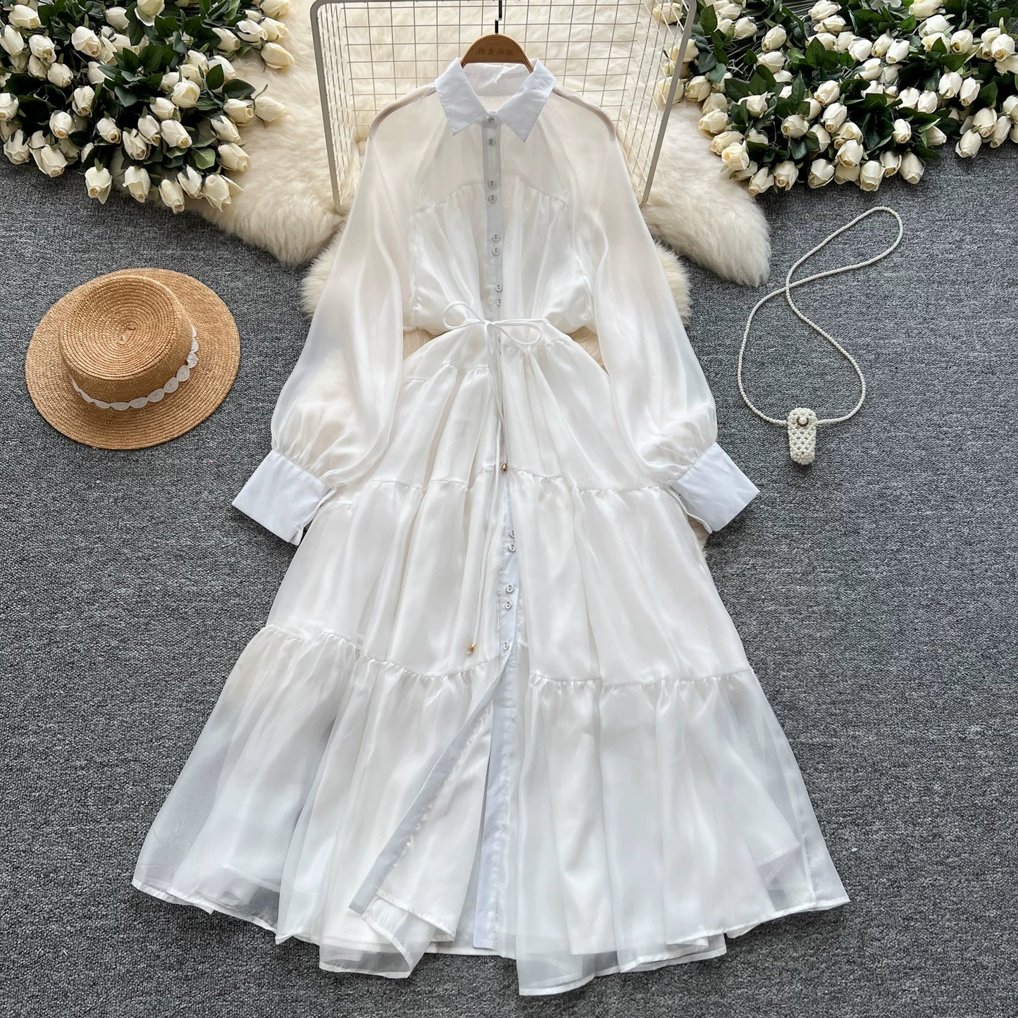 【ワンピース】レオパード柄 ウエストマーク 細見え チュール ボリュームフレア 長袖ワンピース【SHシリーズ】【15～20日内発送】