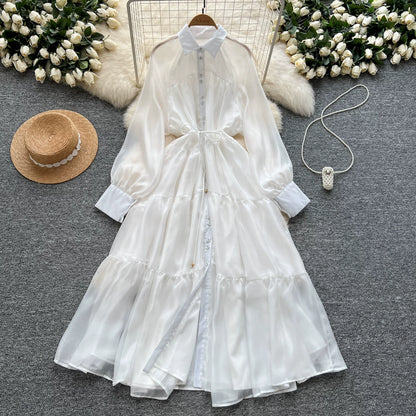 【ワンピース】レオパード柄 ウエストマーク 細見え チュール ボリュームフレア 長袖ワンピース【SHシリーズ】【15～20日内発送】