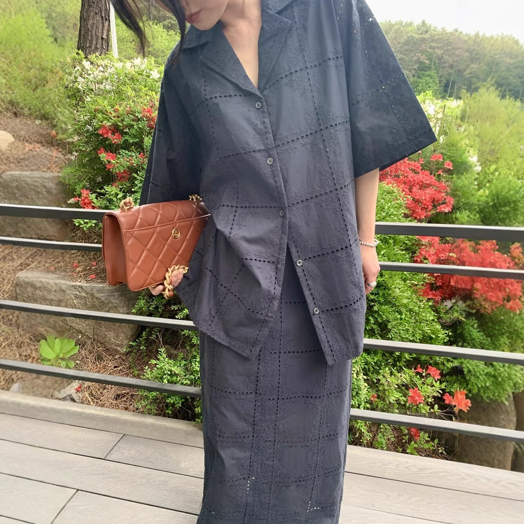 【セットアップ】【単品注文】透かし編み かぎ針編みレース シャツ + スカート 2点上下セット 【JZシリーズ】