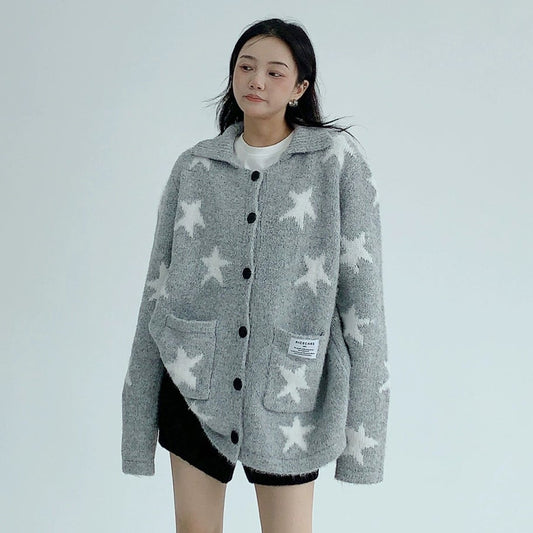 【アウター】韓国風 レトロ 星柄 合わせやすい oversize ニットセーター ジャケット【FCシリーズ】
