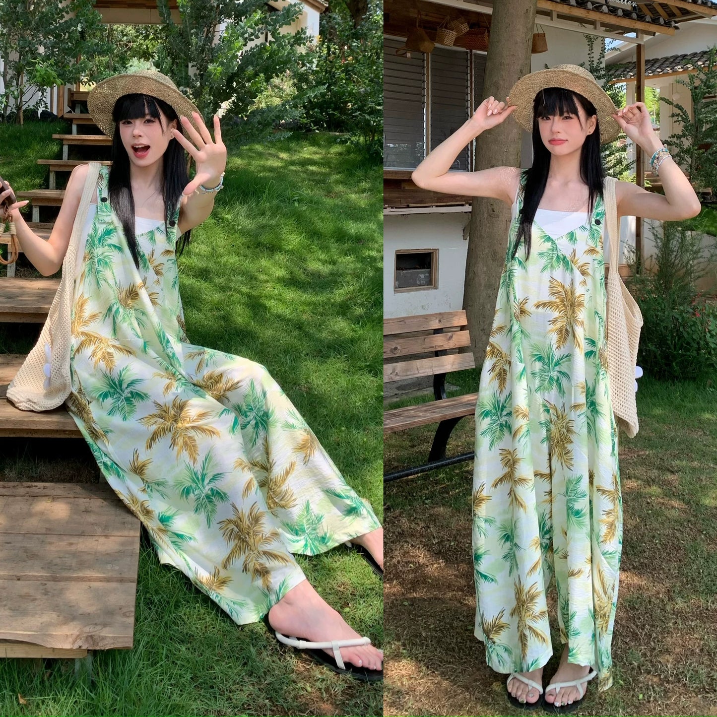 椰樹熱帶印花吊帶連身褲｜V領寬鬆闊腿褲｜夏季度假風連體褲【SH系列】