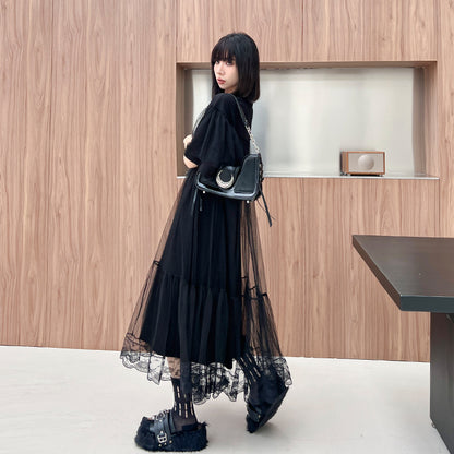 【ワンピース】モード系 チュール切替ワンピース レディース 春夏 ゆったり 半袖 ロング丈 体型カバー カジュアル【AHシリーズ】